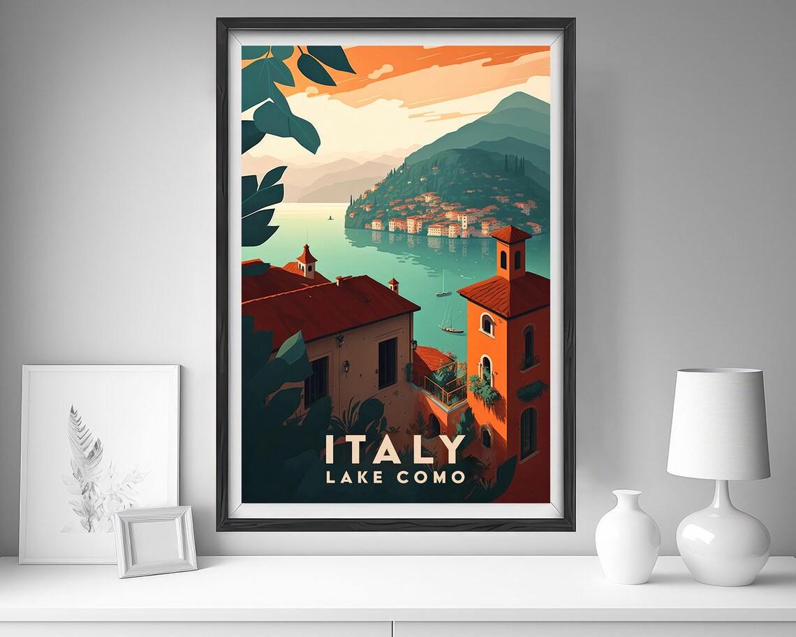 Lake Como Italy Watercolor Travel Poster, Lake View - Image 4