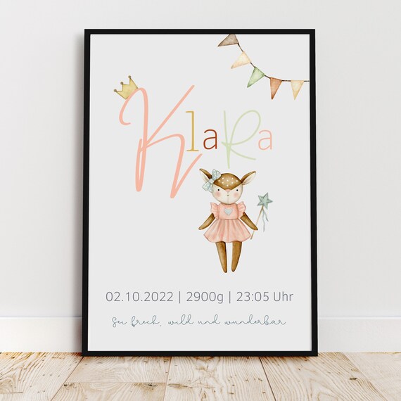 Personalized Birth Poster with Watercolor Deer for Baby Girl Nursery