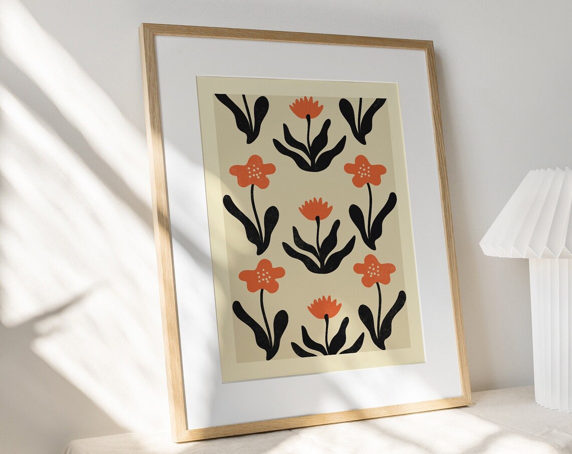 Poppy Wildflower Black Leaf Retro Botanical Flower Pattern Art Poster
