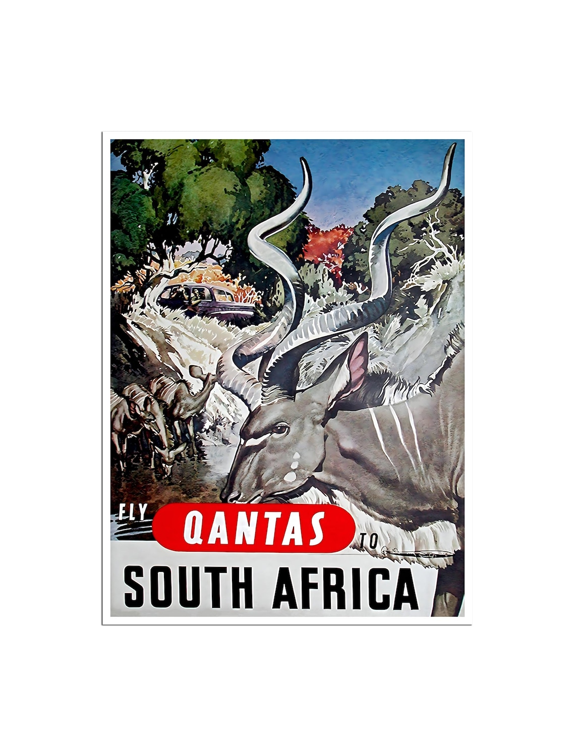 South Africa Kudu Antelope Vintage Qantas Safari Travel Poster