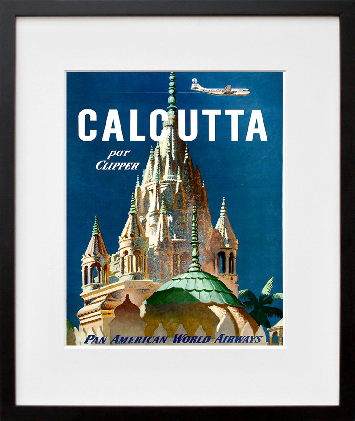 Calcutta par Clipper Pan American Vintage Travel Poster India Temple