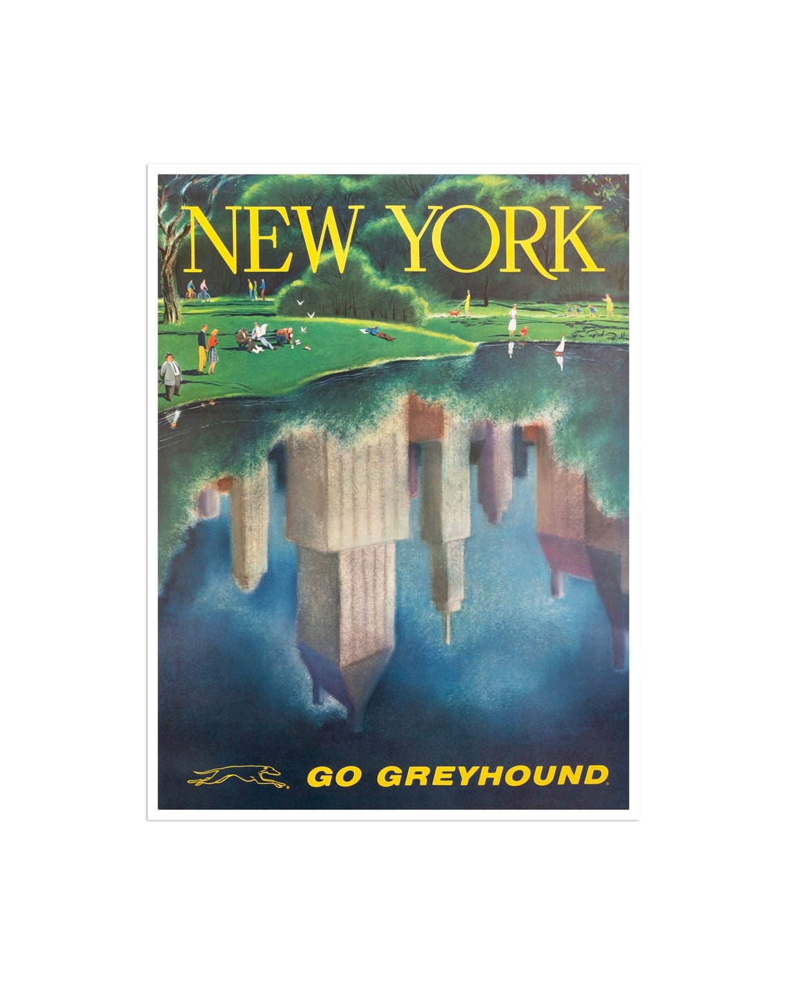 New York Go Greyhound Vintage Poster with Park Lake Reflection