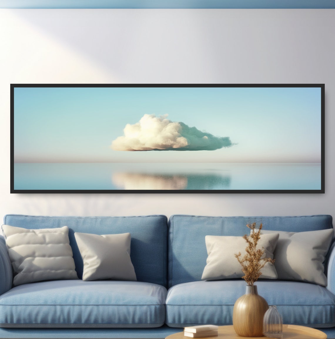 White Cloud Floating Over Calm Ocean Minimalist Blue Sky Art Poster