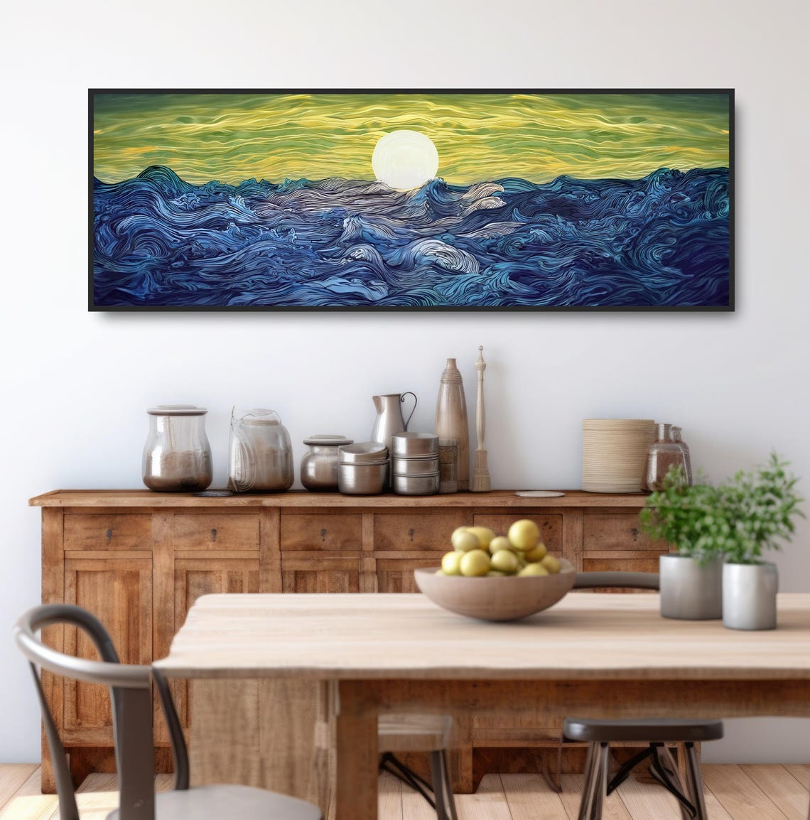 Full Moon Ocean Waves Dark Blue Swirling Sea Japanese Wall Poster - Image 3