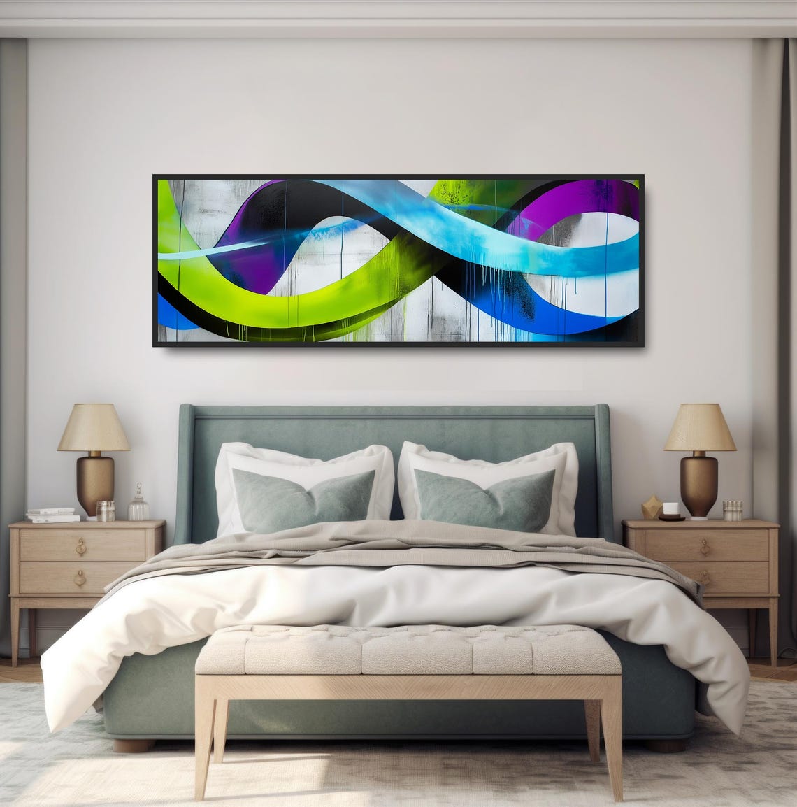 Panoramic Graffiti Waves Neon Green Blue Purple Dripping Paint Poster - Image 4