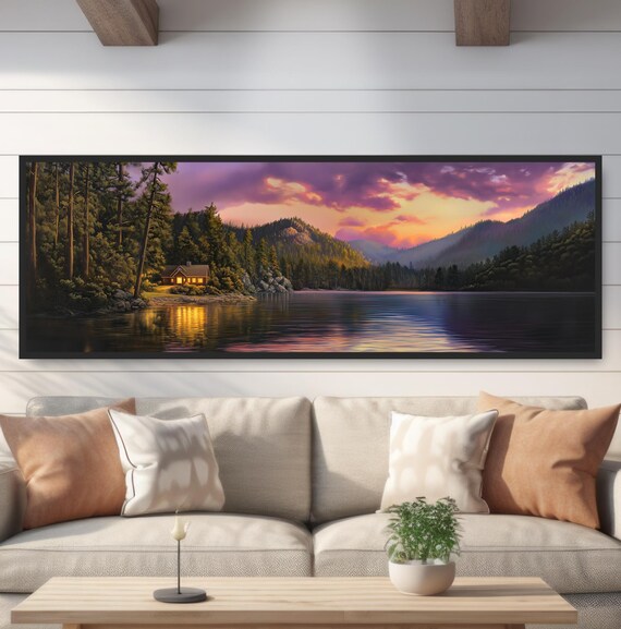Rustic Lake Home Painting Print Glowing Cabin Wall Art Purple Gold Sunset Panoramic Cozy Mountain Lodge Decor Peaceful Forest Art