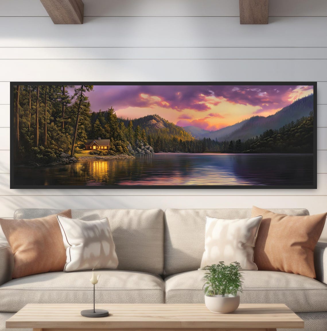 Rustic Lake Home Glowing Cabin Sunset Panoramic Purple Clouds Poster