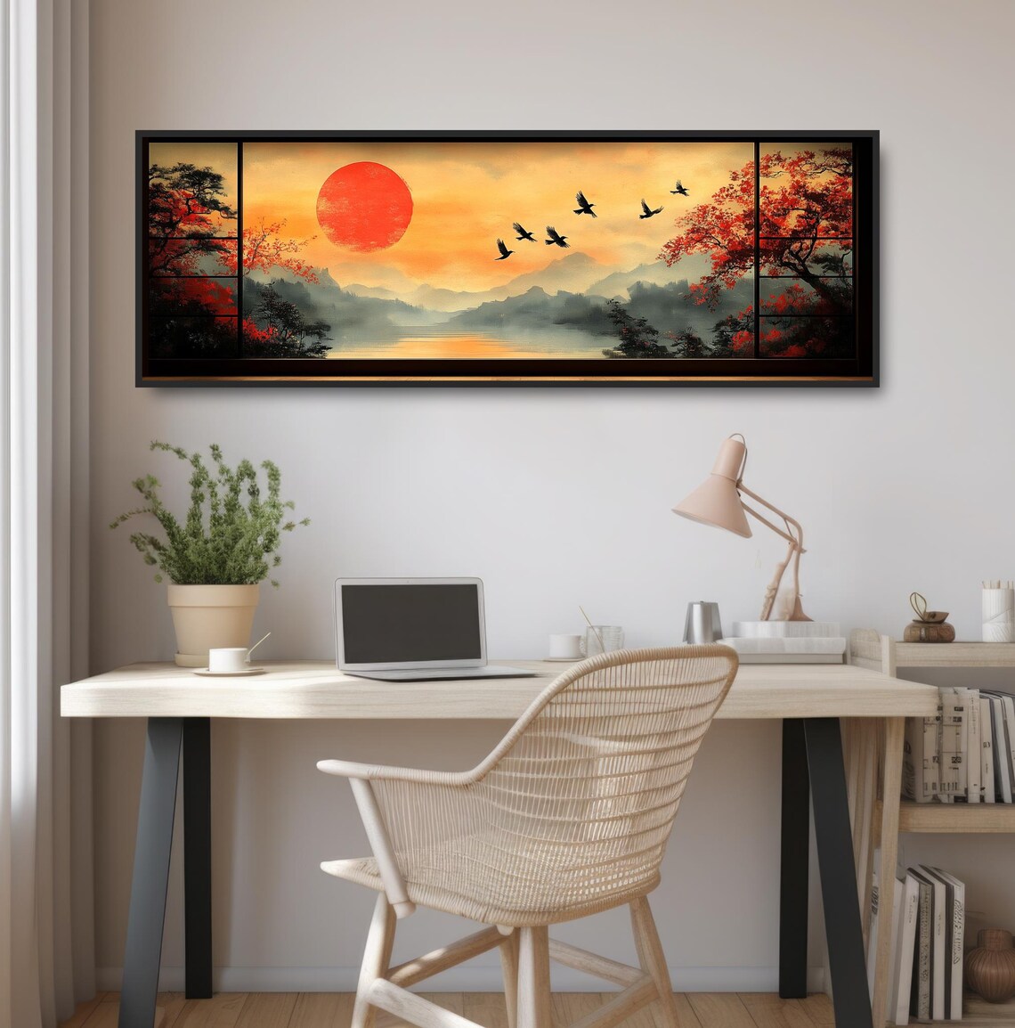 Flock of Cranes, Minimalist Japanese Landscape Art Print - Image 2