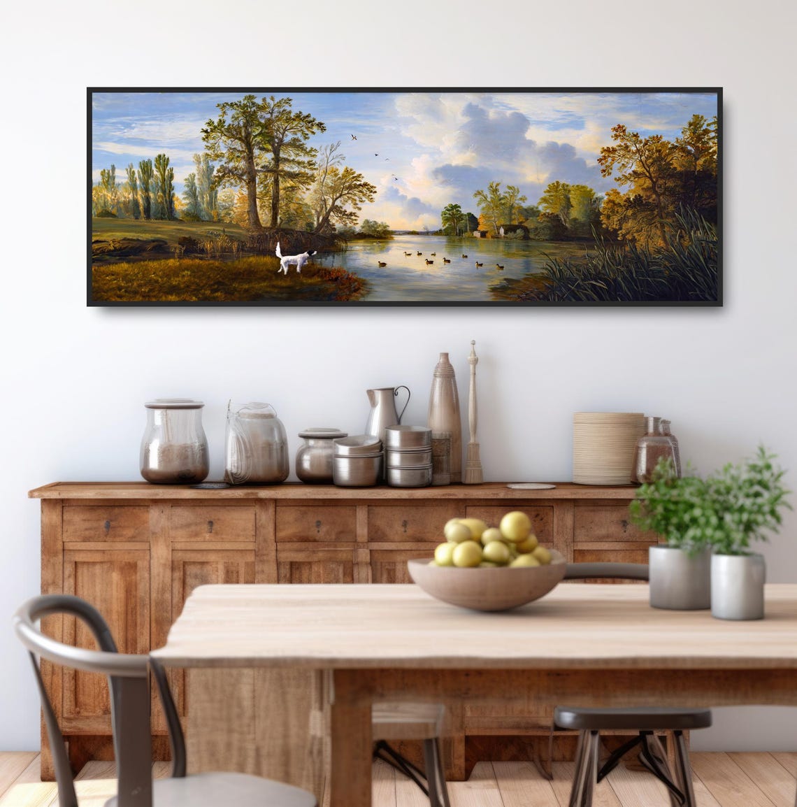 Hunting Dog Autumn River Ducks Panoramic Rustic Landscape Wall Art - Image 3