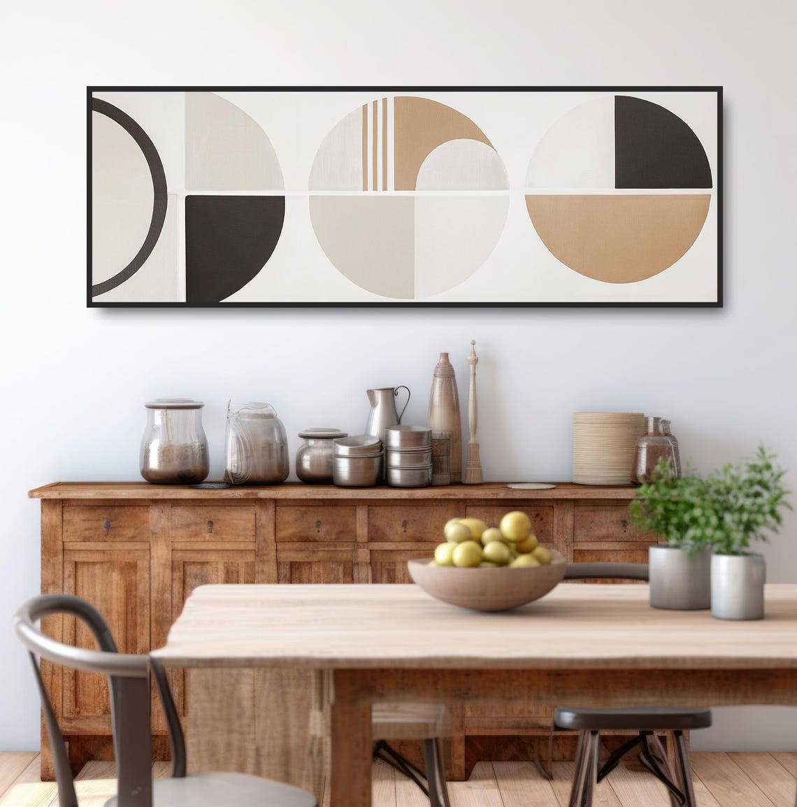 Neutral Abstract Wall Art Geometric Boho Decor Panoramic Beige Black White Painting Minimalist Contemporary Circles Mcm Artwork - Image 3