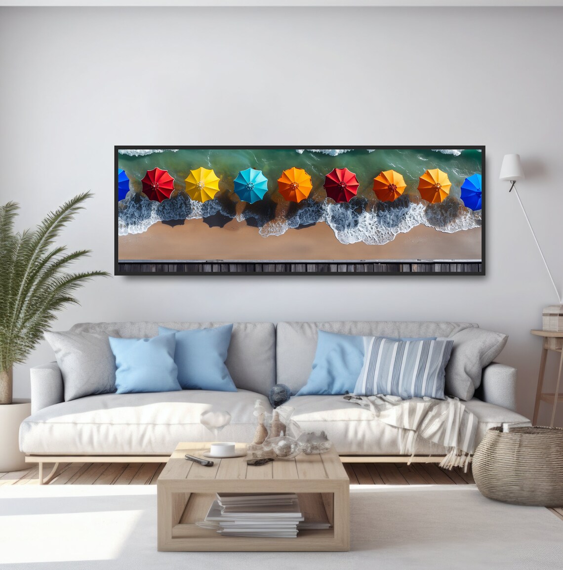 Aerial Colorful Beach Umbrellas Shoreline Waves Birdseye Photo Poster - Image 5