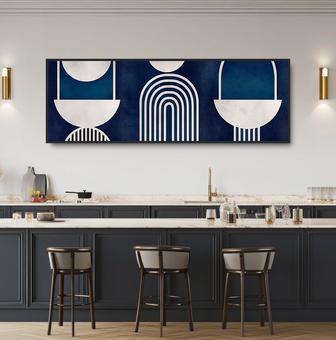 Navy Blue Art Deco Geometric Arches Stripes Elegant Wall Art Poster - Image 3