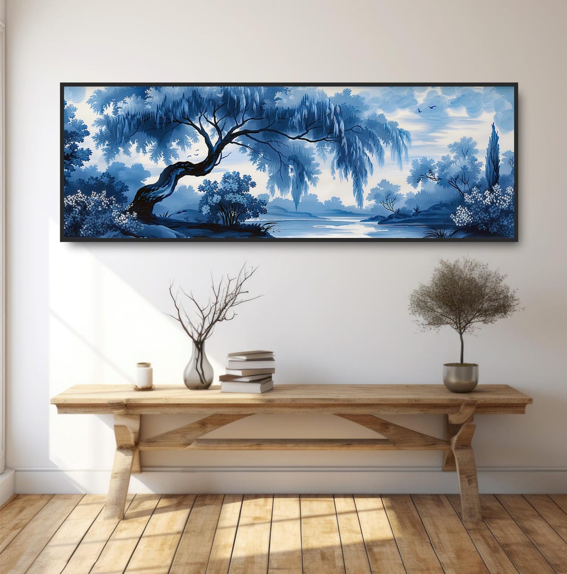 Misty Blue Lake Willow Painting Chinoiserie Panoramic Morning Print - Image 2