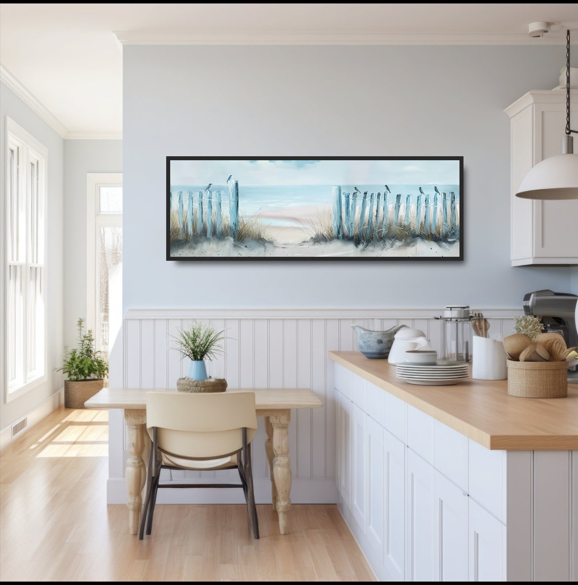 Seagulls on Beach Fence Watercolor Panoramic Coastal Dunes Wall Art - Image 3