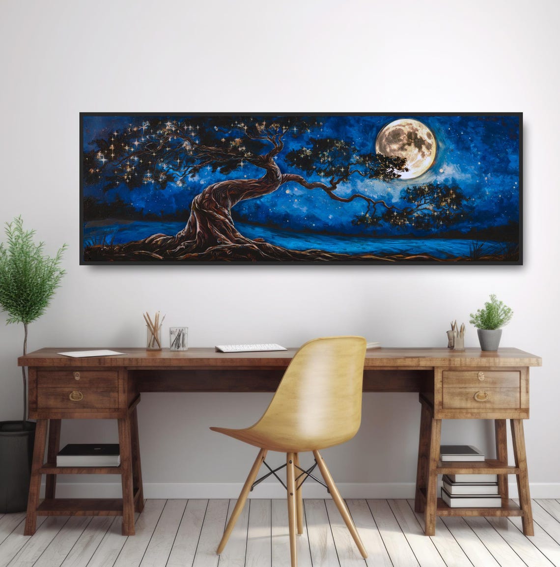 Twisted Tree Full Moon Night Painting Mystical Starry Sky Print - Image 2