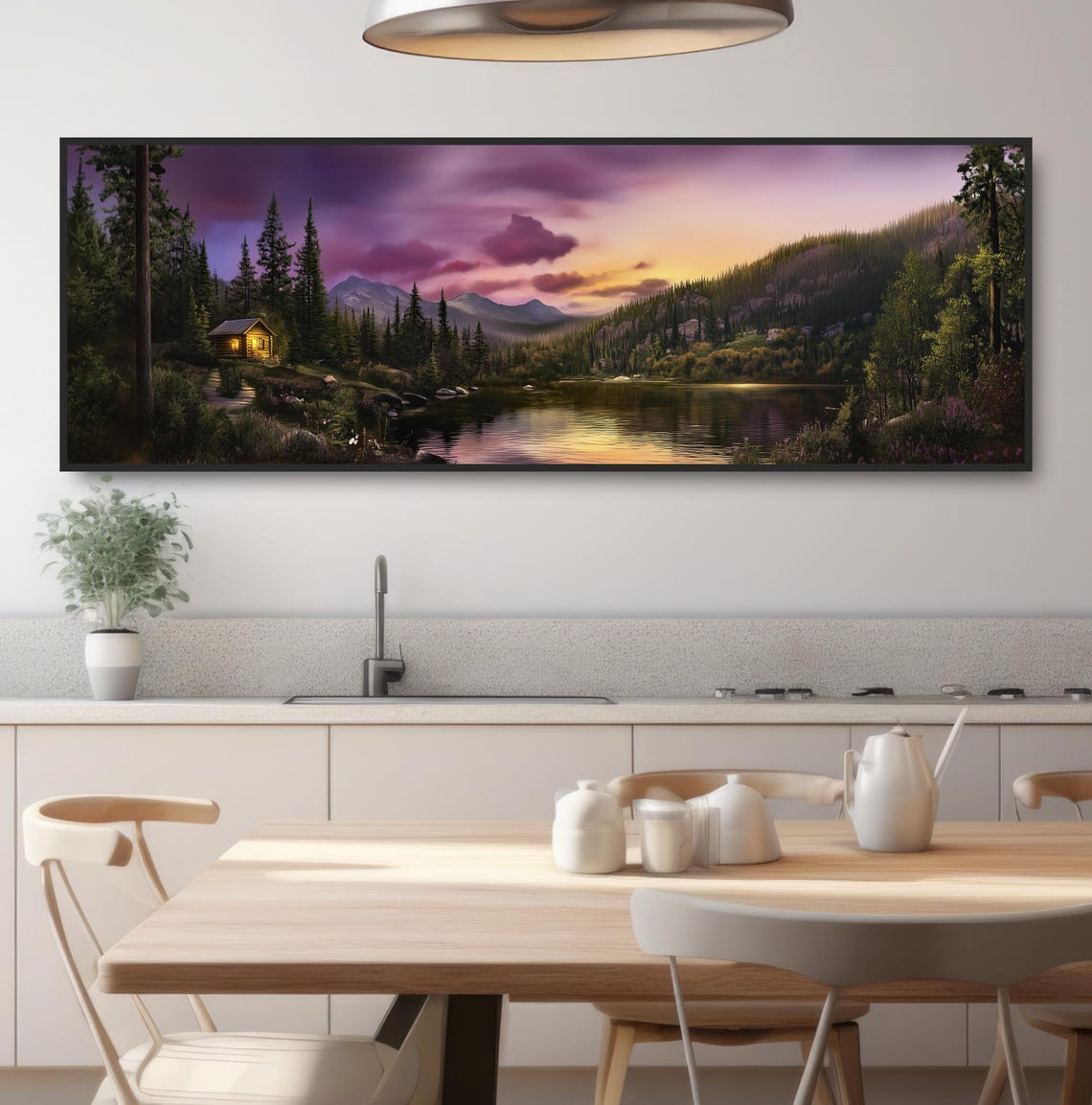Rustic Lake Cabin Cozy Sunset Panoramic Tranquil Purple Sky Wall Art - Image 3