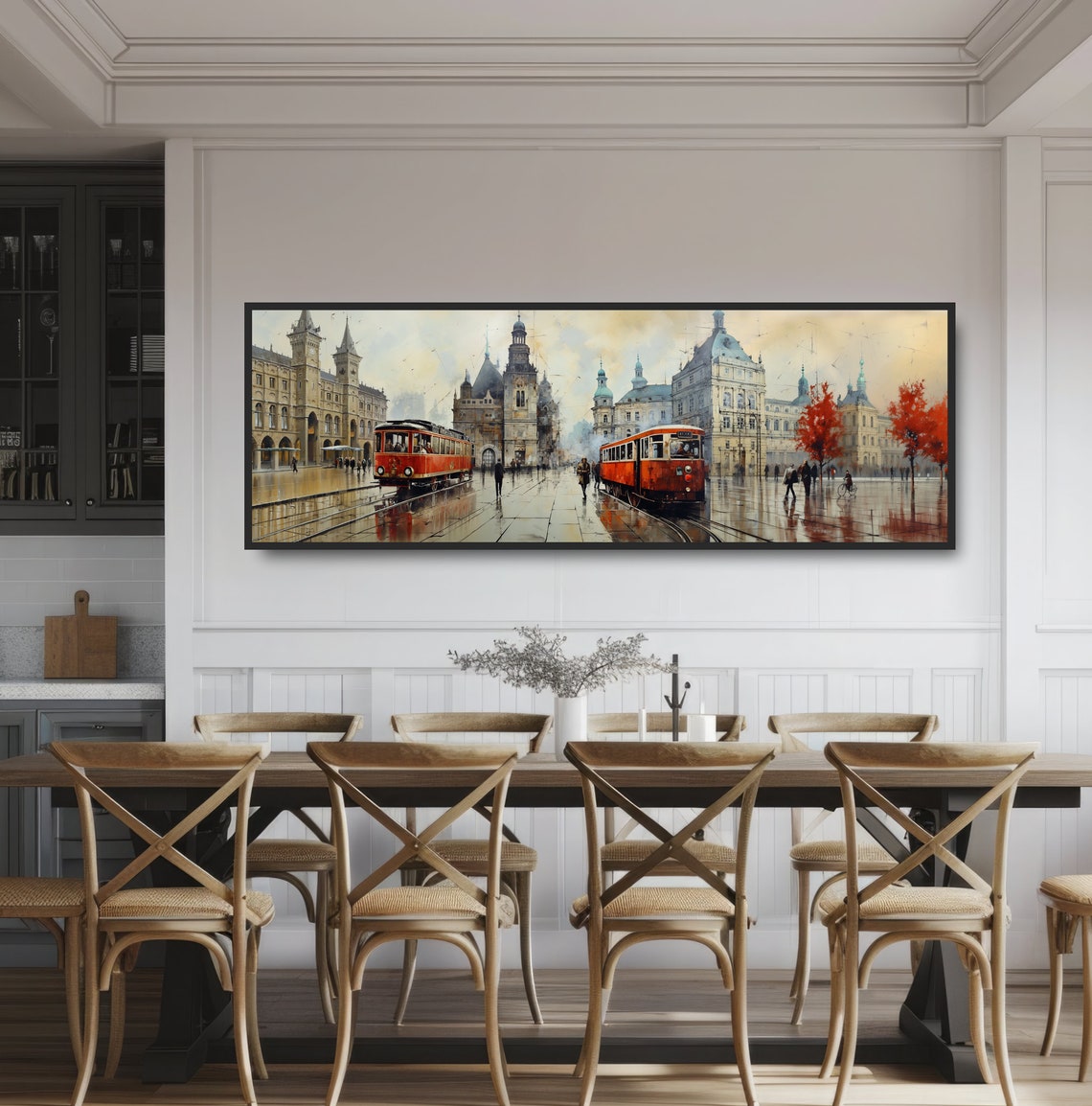 Europian Town Square Trollycars Large Panoramic Cityscape Painting Red Streetcar Trams Europe Town Square Art Neutral Beige Old World - Image 3