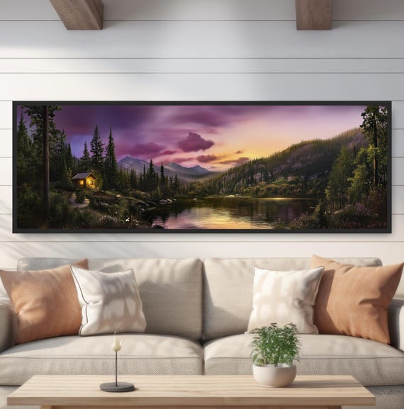 Rustic Lake Cabin Painting Print Cozy Lakeside Mountain Sunset Wall Art Purple Gold Sky Artwork Tranquil Landscape Decor Panoramic