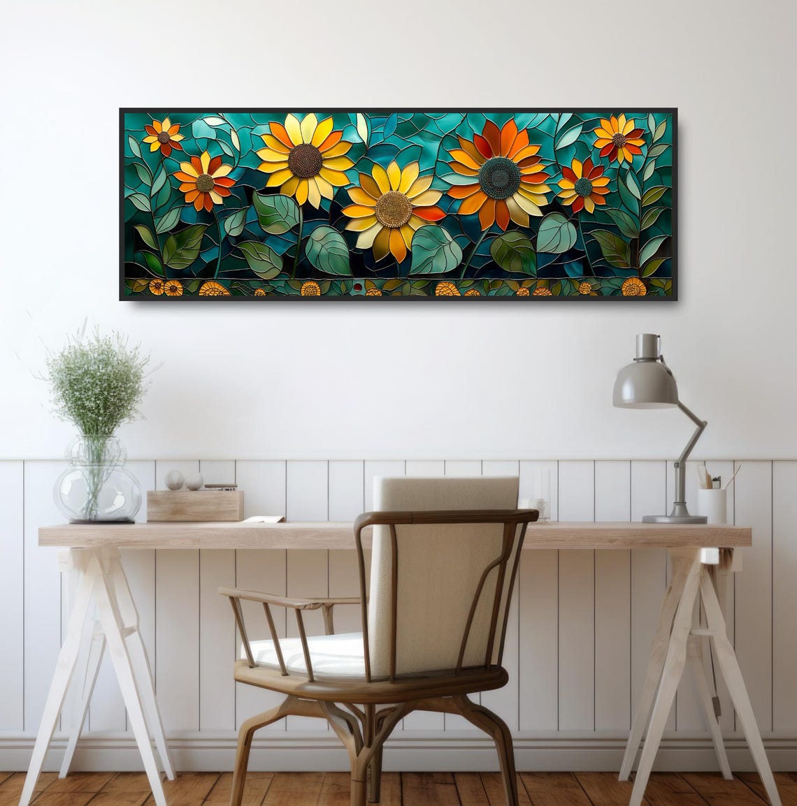 Stained Glass Style Sunflowers Teal Background Mosaic Art Poster - Image 2