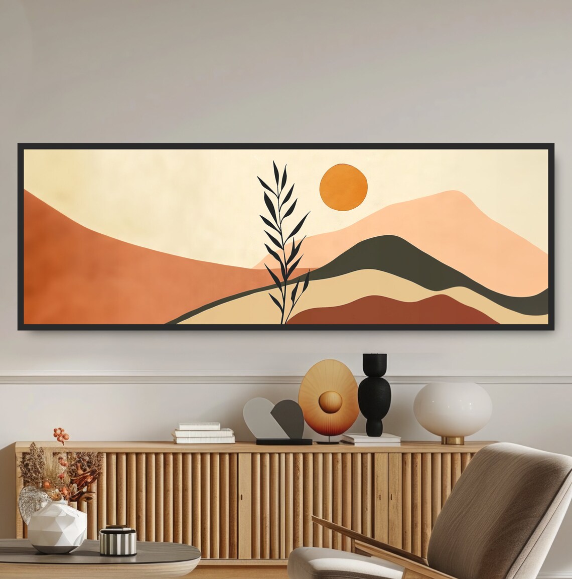 Geometric Sun Landscape, Mid-Century Boho Art Print