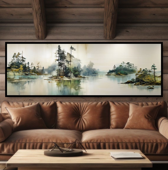 Misty Lake Islands Ink Wash Watercolor Large Panoramic Painting Tall Trees Smokey Atmospheric Art Dramatic Mysterious Dreamy Canvas