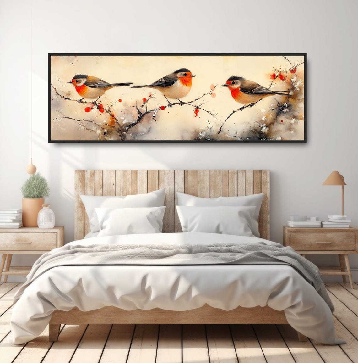 Three Songbirds On Branch Japanese Watercolor Red Breast Bird Poster - Image 4
