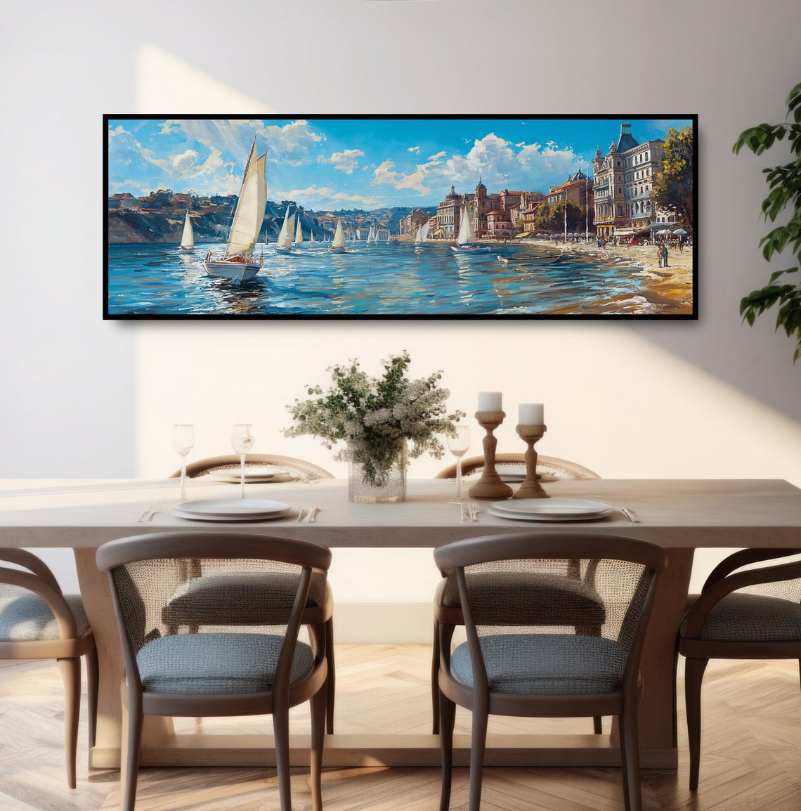 European Sailboats Oil Painting Print Vintage Ocean Nautical Decor Panoramic Mediterranean French Riviera Seascape Sea Beach Wall Art - Image 3