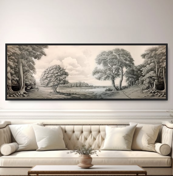 Black White Trees Drawing Large Panoramic Traditional Print Rustic Countryside Neutral Farmhouse Decor Vintage Forest Pond Etching