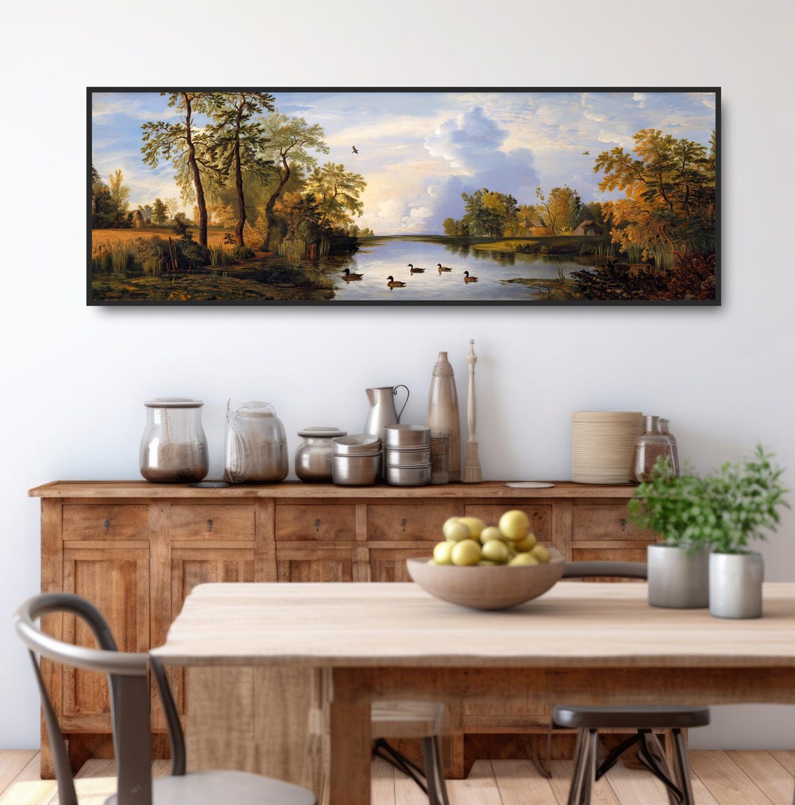 Rustic Duck Pond Autumn Morning Painting Tranquil Lake Cottage Print - Image 3