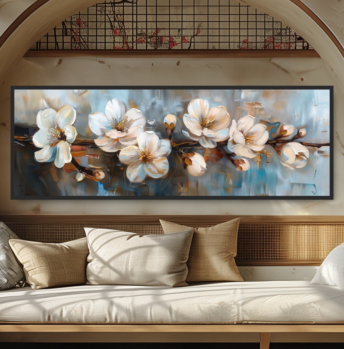 White Cherry Blossom Branch Oil Painting Panoramic Floral Wall Art
