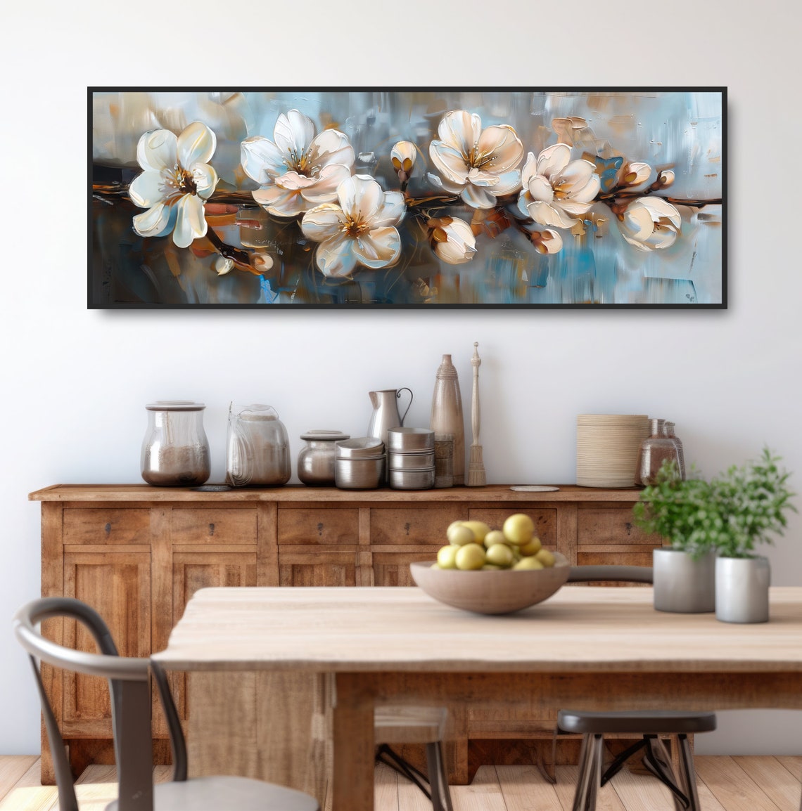 White Cherry Blossom Branch Oil Painting Panoramic Floral Wall Art - Image 3