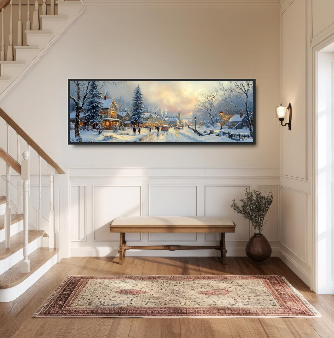 Vintage Winter Town Snowy Street Glowing Shops Dusk Travel Poster - Image 2