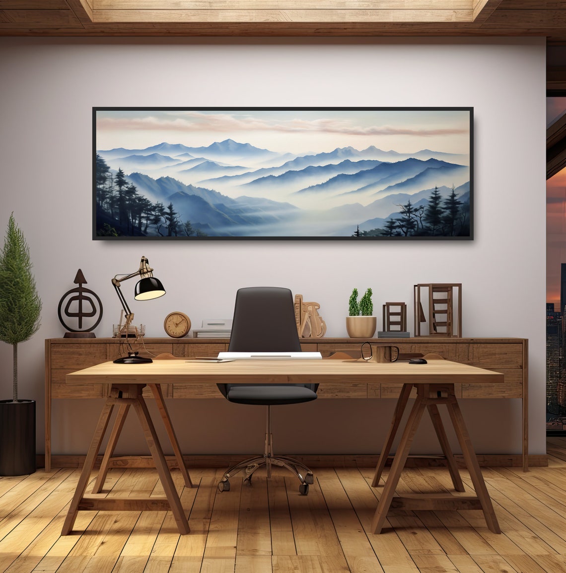 Misty Blue Mountain Layers Panoramic Watercolor Landscape Poster - Image 2