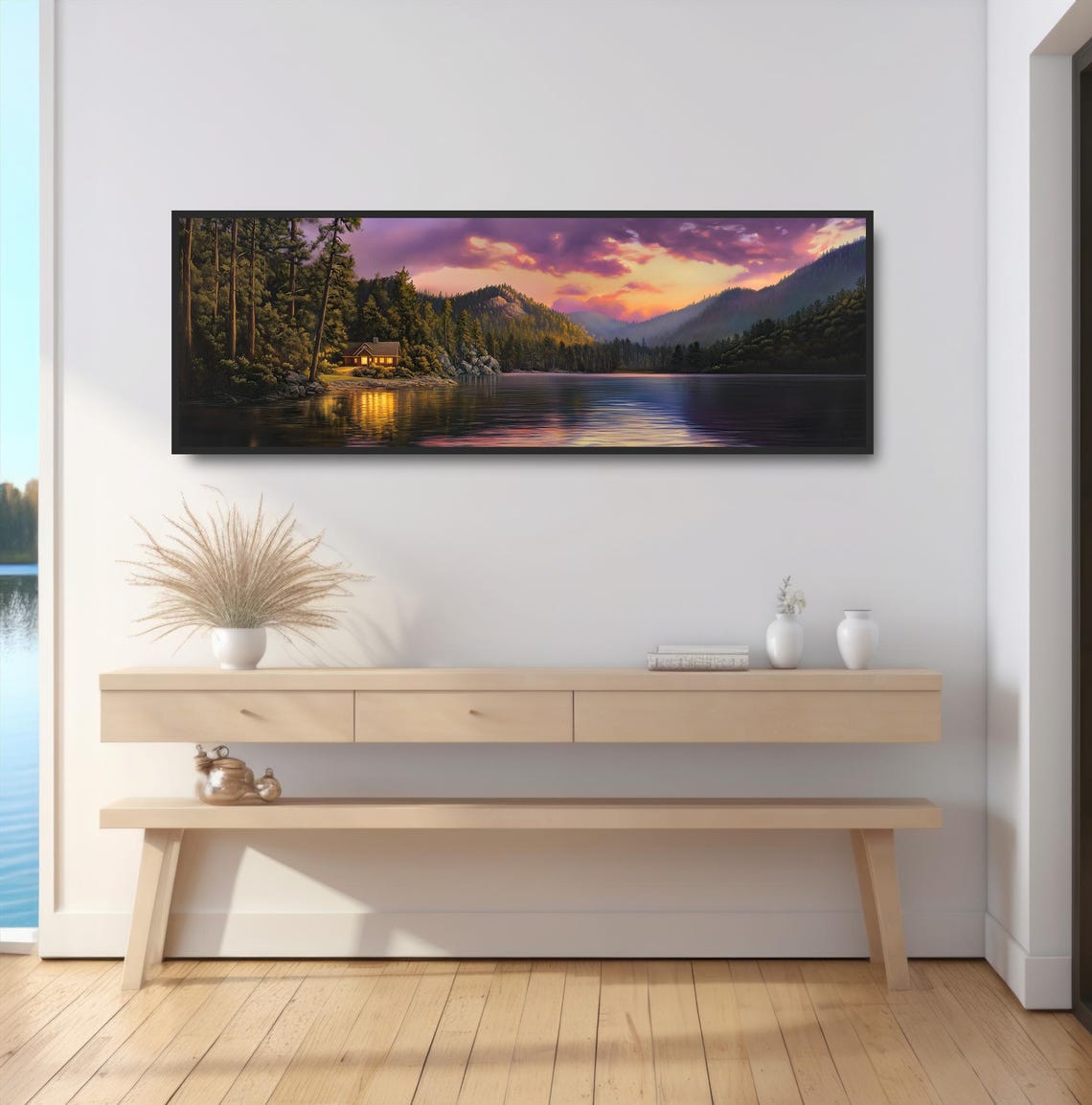 Rustic Lake Home Glowing Cabin Sunset Panoramic Purple Clouds Poster - Image 2