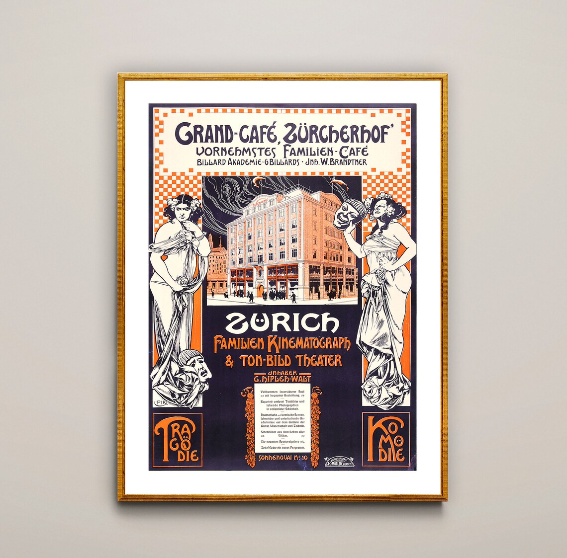 Grand Cafe Zrcherhof Zurich Vintage Travel Poster