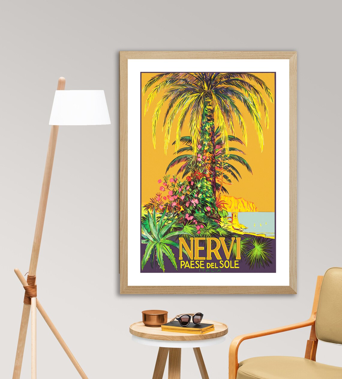 Nervi Paese Del Sole Palm Trees Coast Vintage Italy Travel Poster