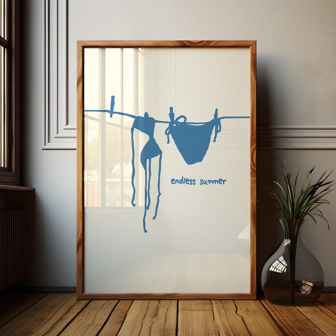 Endless Summer Blue Bikini Clothesline Poster for Coastal Wall Decor