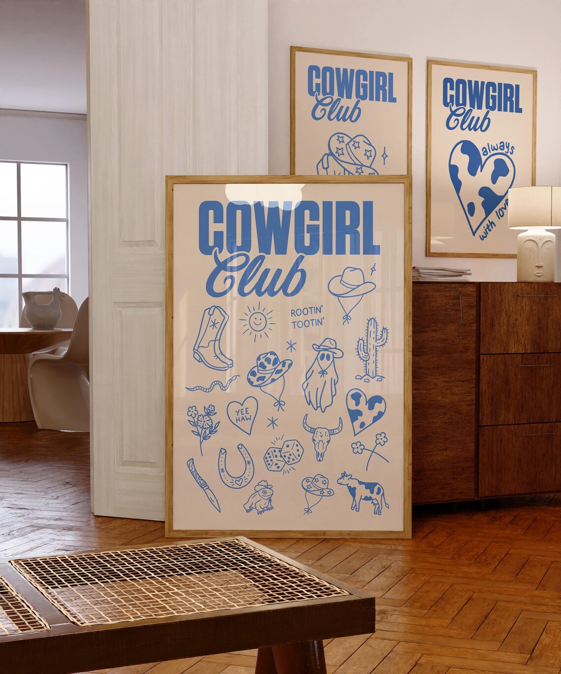 Blue Cowgirl Club Western Doodle Poster for Trendy Country Room Decor