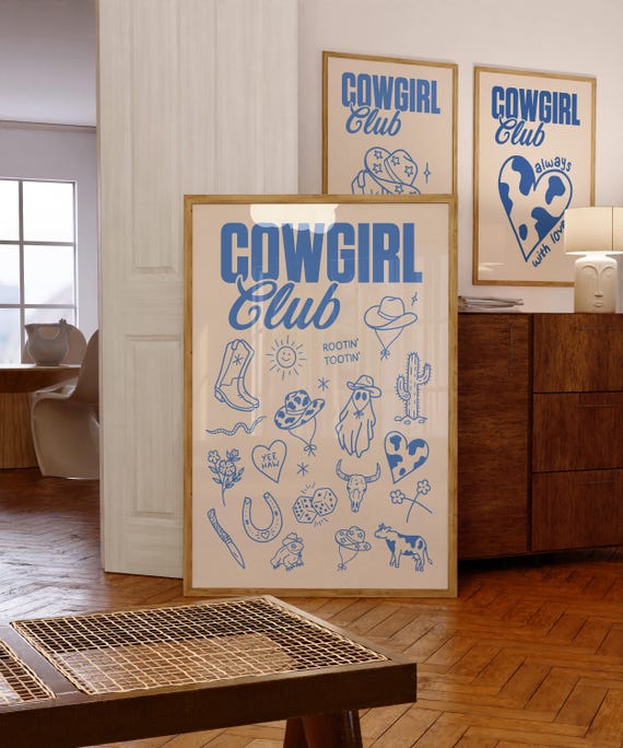 Cowgirl Poster Cowgirl South Western Art Blue Poster Country House Decor Cowgirl Vintage Wall Art Cowgirl Blue Trendy Country Retro Print