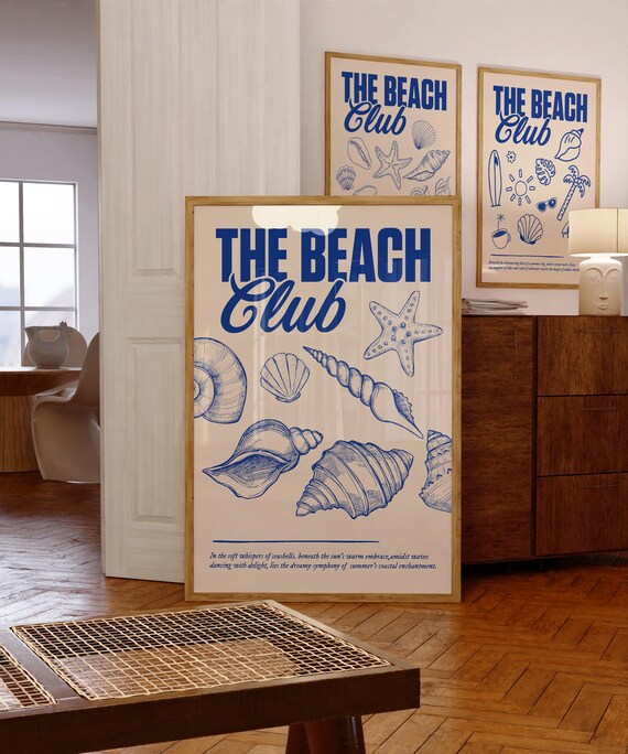 The Beach Club Blue Seashell Collage Poster for Coastal Home Decor