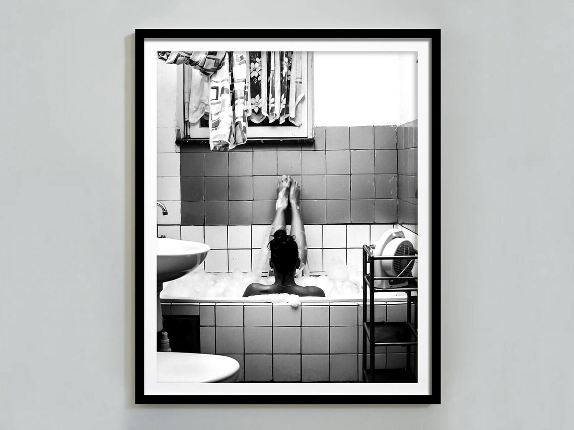 Woman in Bathtub Vintage Bathroom Poster, Black and White