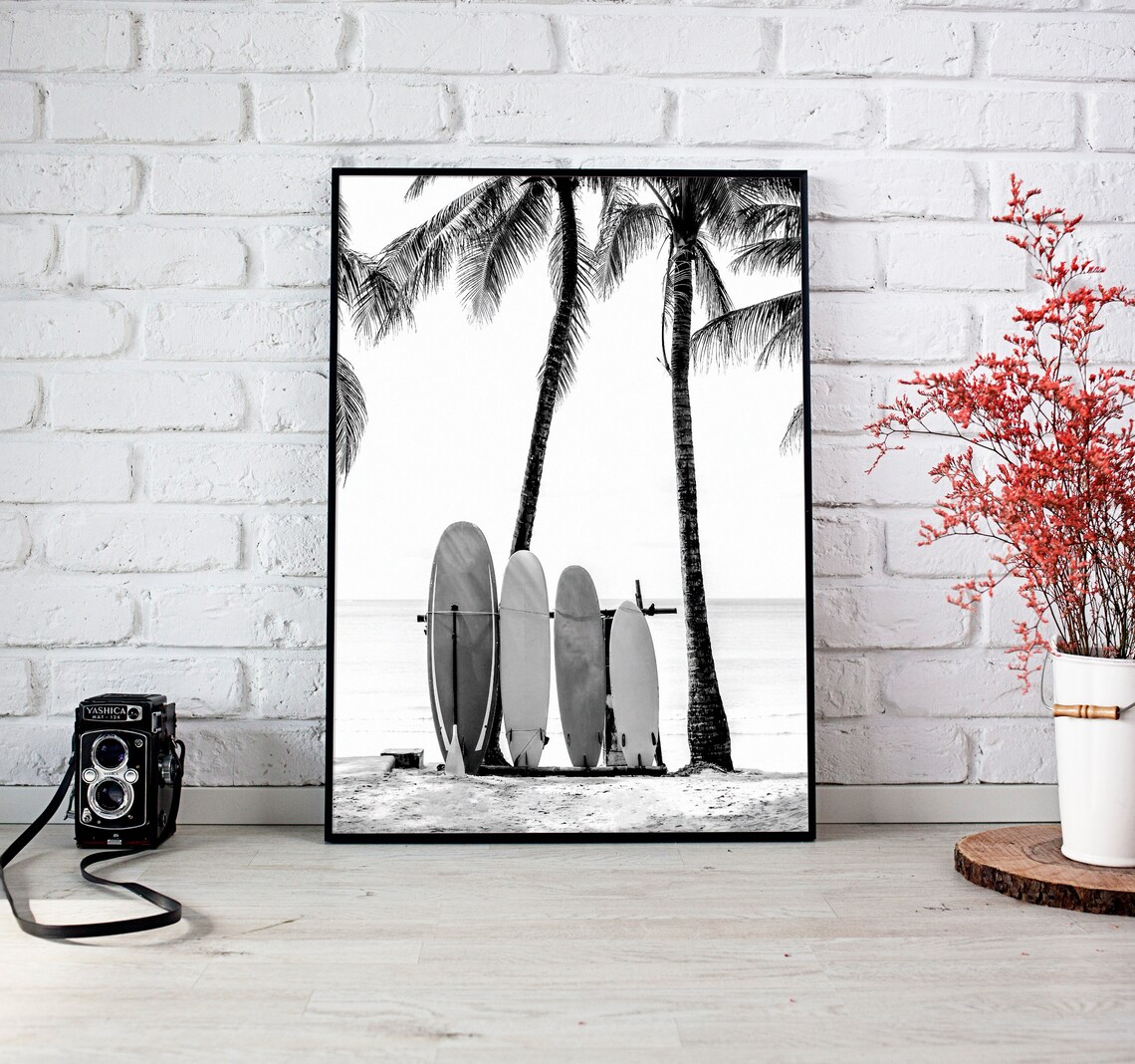 Surfboards Under Palm Trees Beach Black and White Surf Photo Poster - Image 4