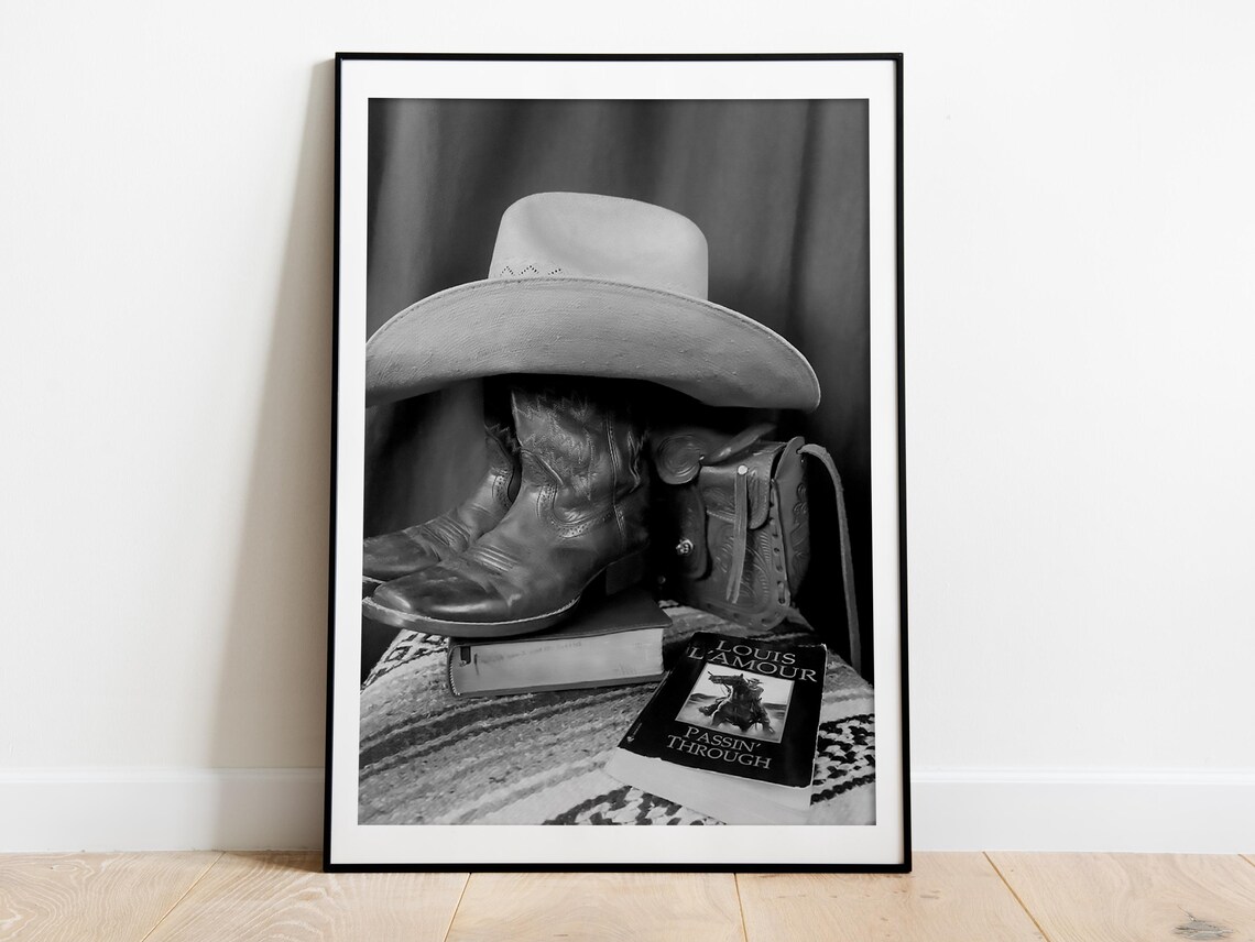 Cowboy Boots Hat and Louis Lamour Book Western Still Life Poster - Image 3