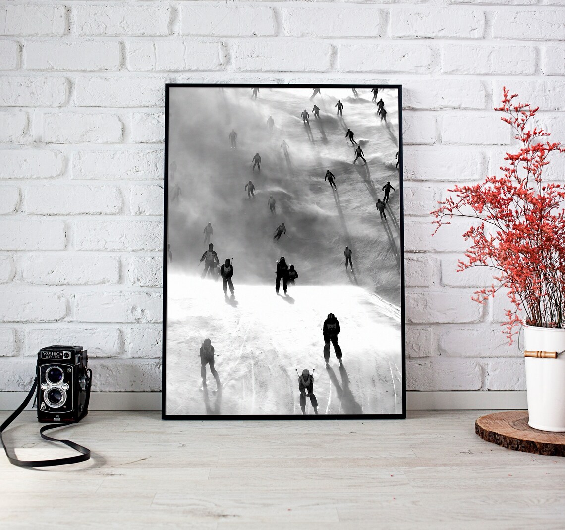 Skiers Crossing Foggy Slope Aerial View Black And White Winter Poster - Image 4