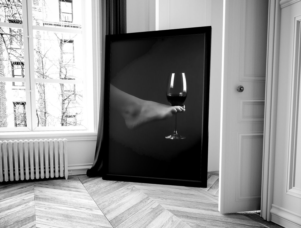 Bare Foot Touching Red Wine Glass Dark Moody Black and White Poster - Image 4