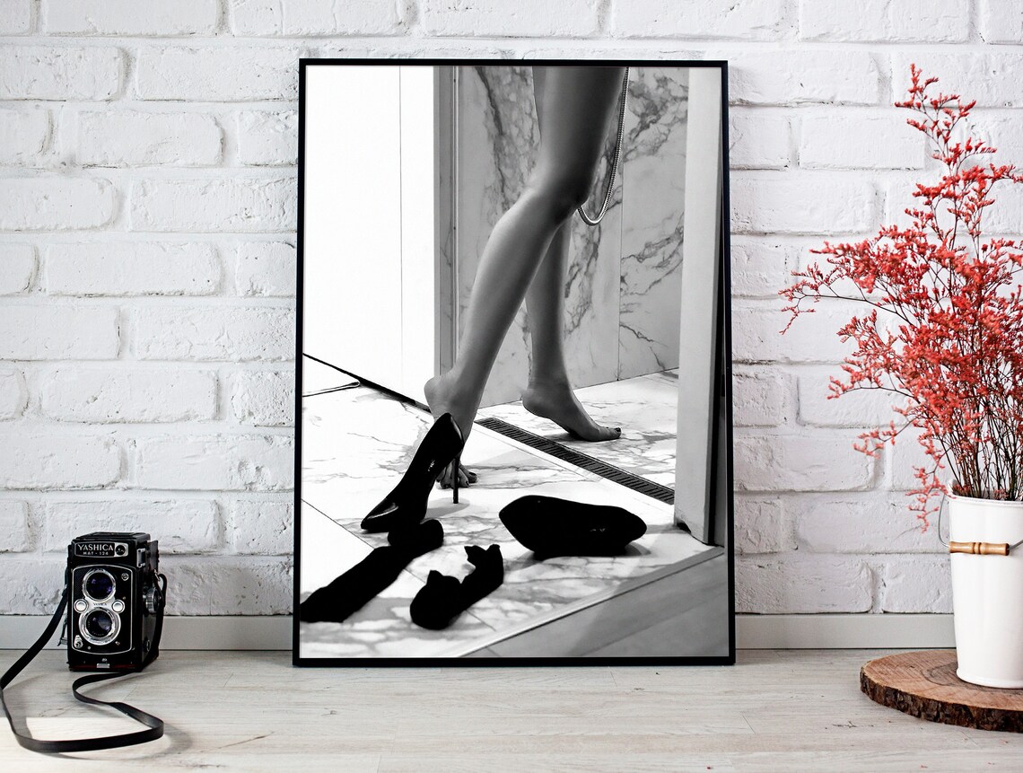 Woman Leaving Marble Shower High Heels Black and White Photo Poster - Image 2