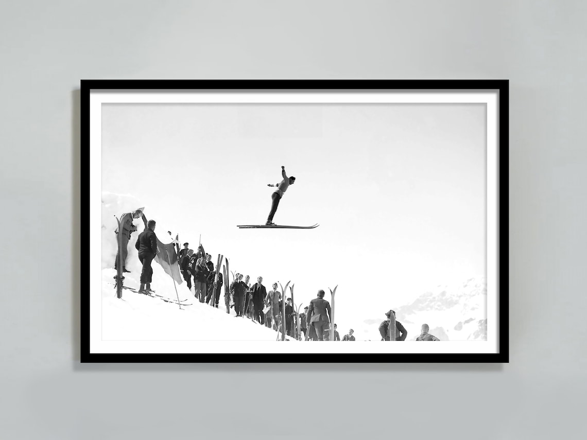 Vintage Ski Jumper Art Print, Black And White