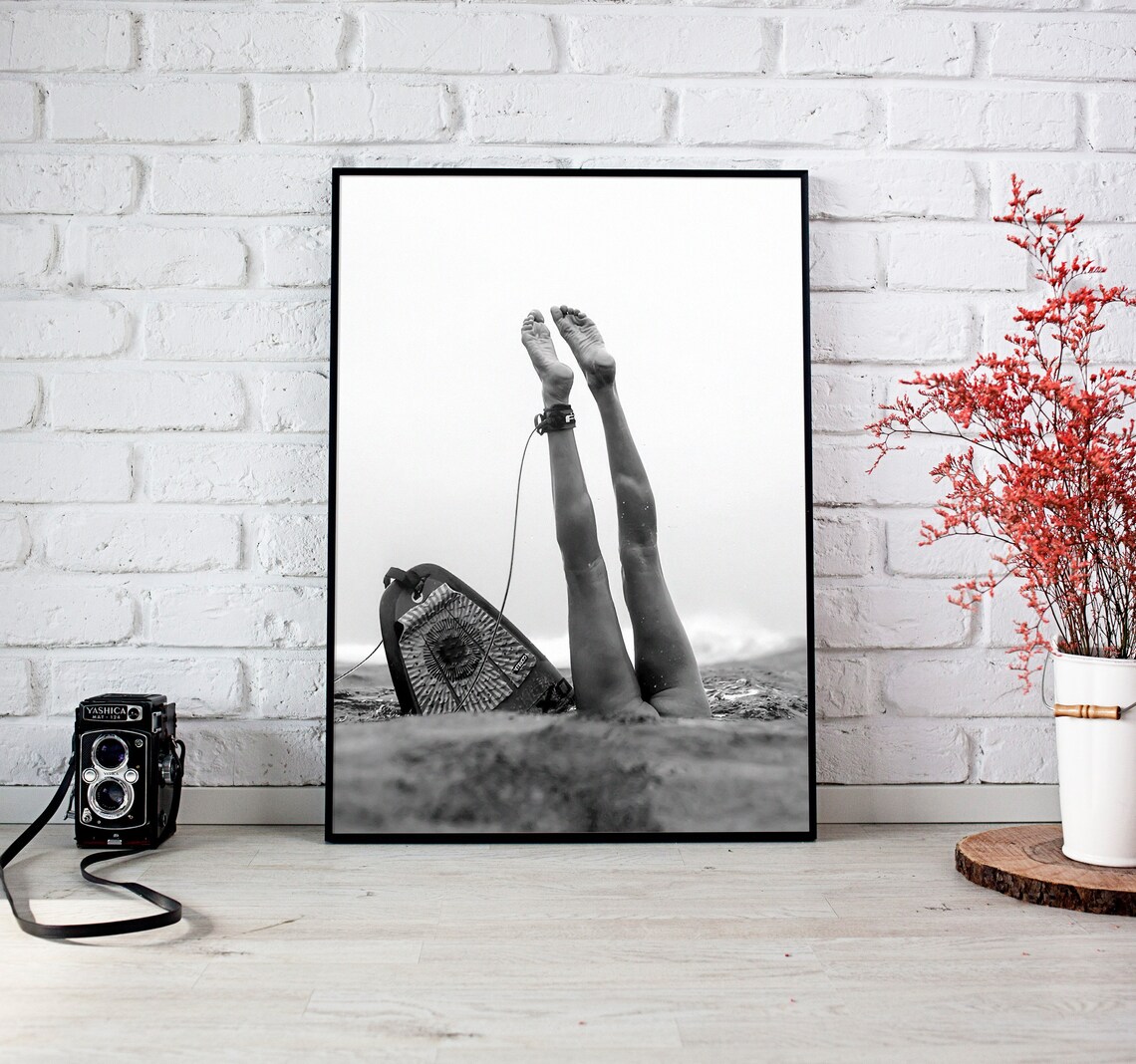 Surfer Girl Wipeout Legs Up With Surfboard Black and White Poster - Image 3