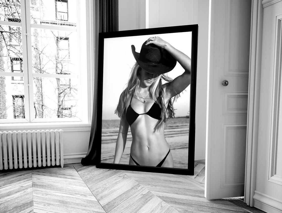 Coastal Cowgirl Bikini Beach Black And White Cowboy Hat Poster - Image 4