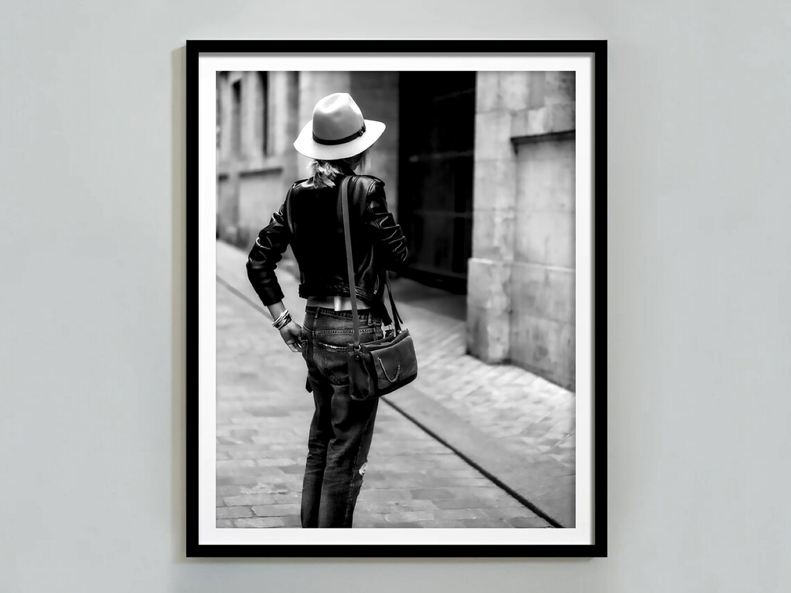 Woman In Hat Leather Jacket Walking European Street Style Poster